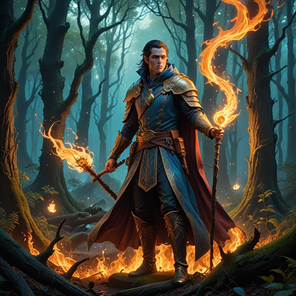 Ethereal Half Elf Fire Wizard in Vibrant Mystic Forest