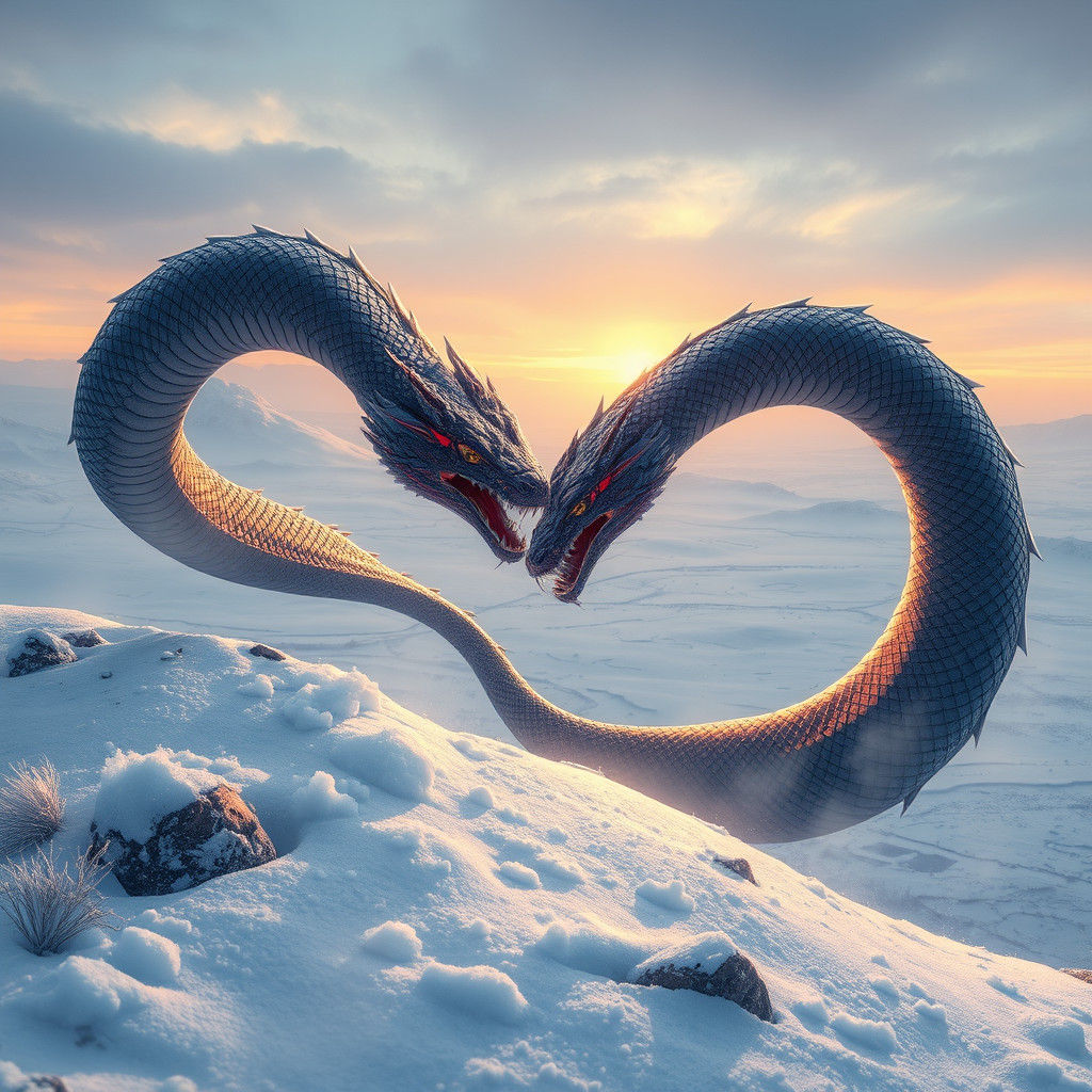 Serpents Clash on Snowy Tundra in Fantasy Art