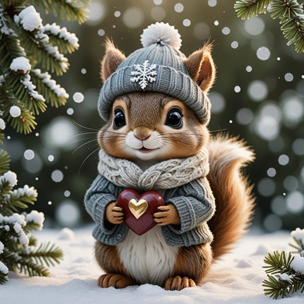 Chibi Baby Squirrel in Whimsical Winter Wonderland