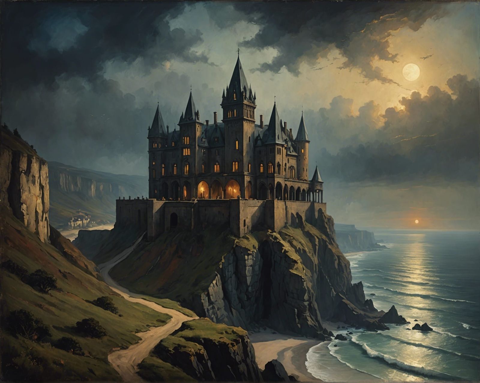 Gothic Fantasy Palace Overlooking Ocean, Oil Painting