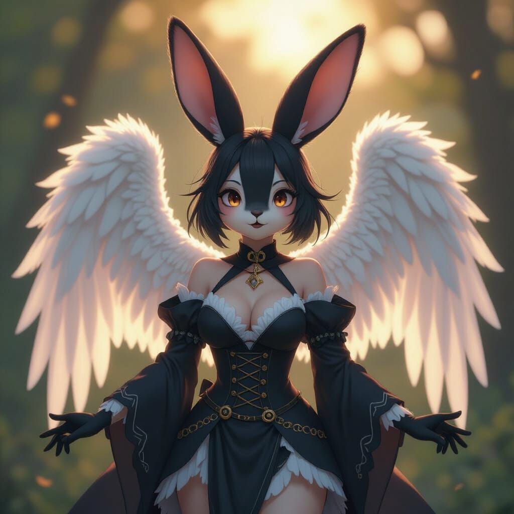 Anime Rabbit with Angel Wings in Witch Attire