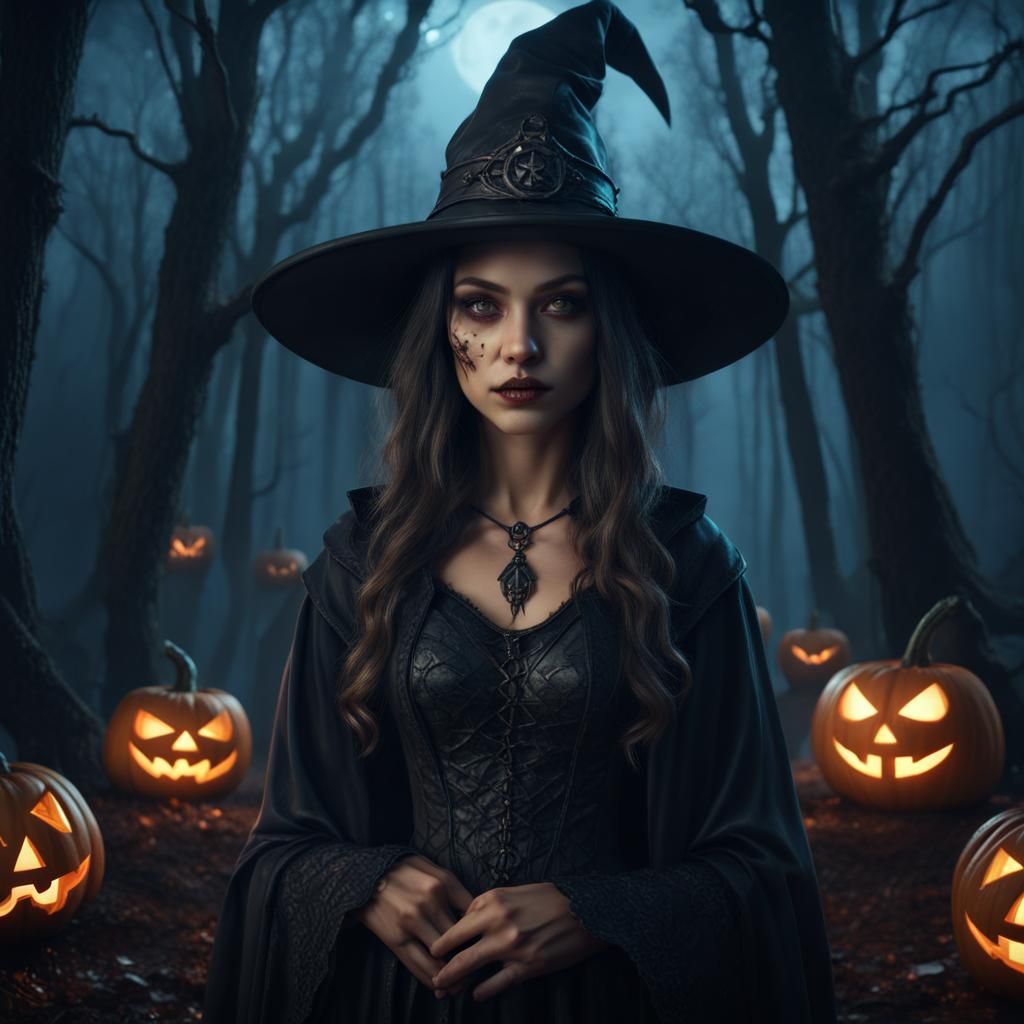 Beautiful Halloween Witch in Midnight Woods: Fantasy Art