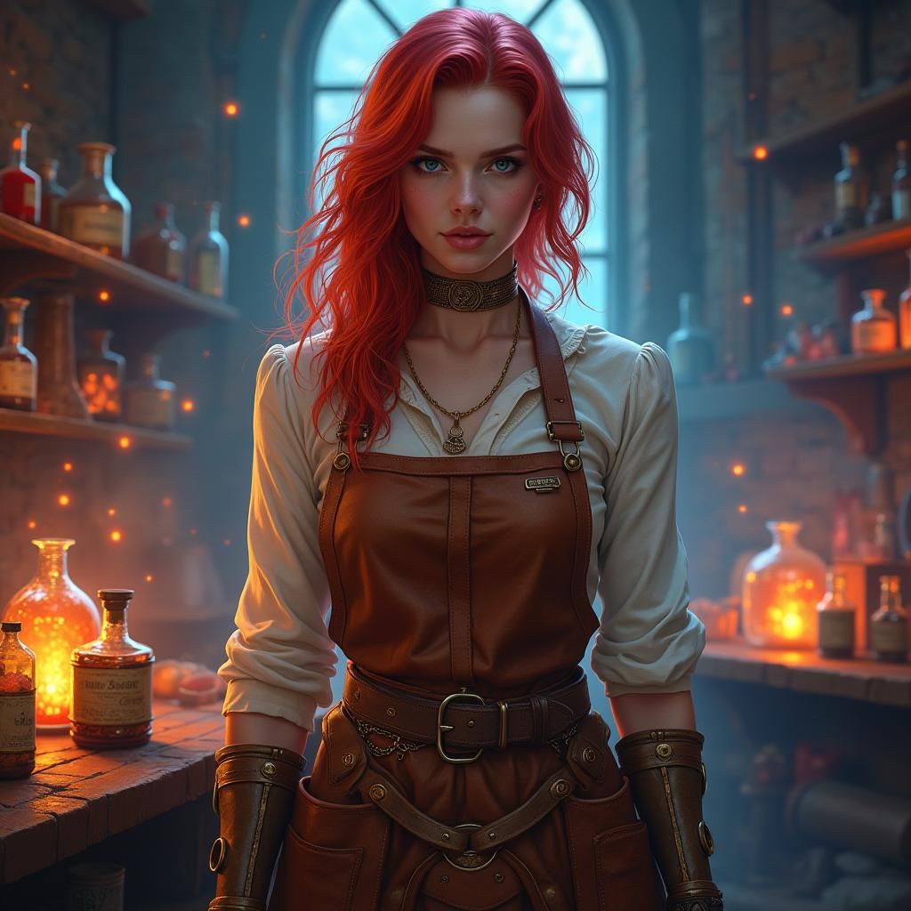 Redhead Alchemist Portrait in Mystical Laboratory