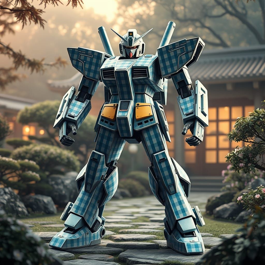 Gingham Gundam Mech in Japanese Garden