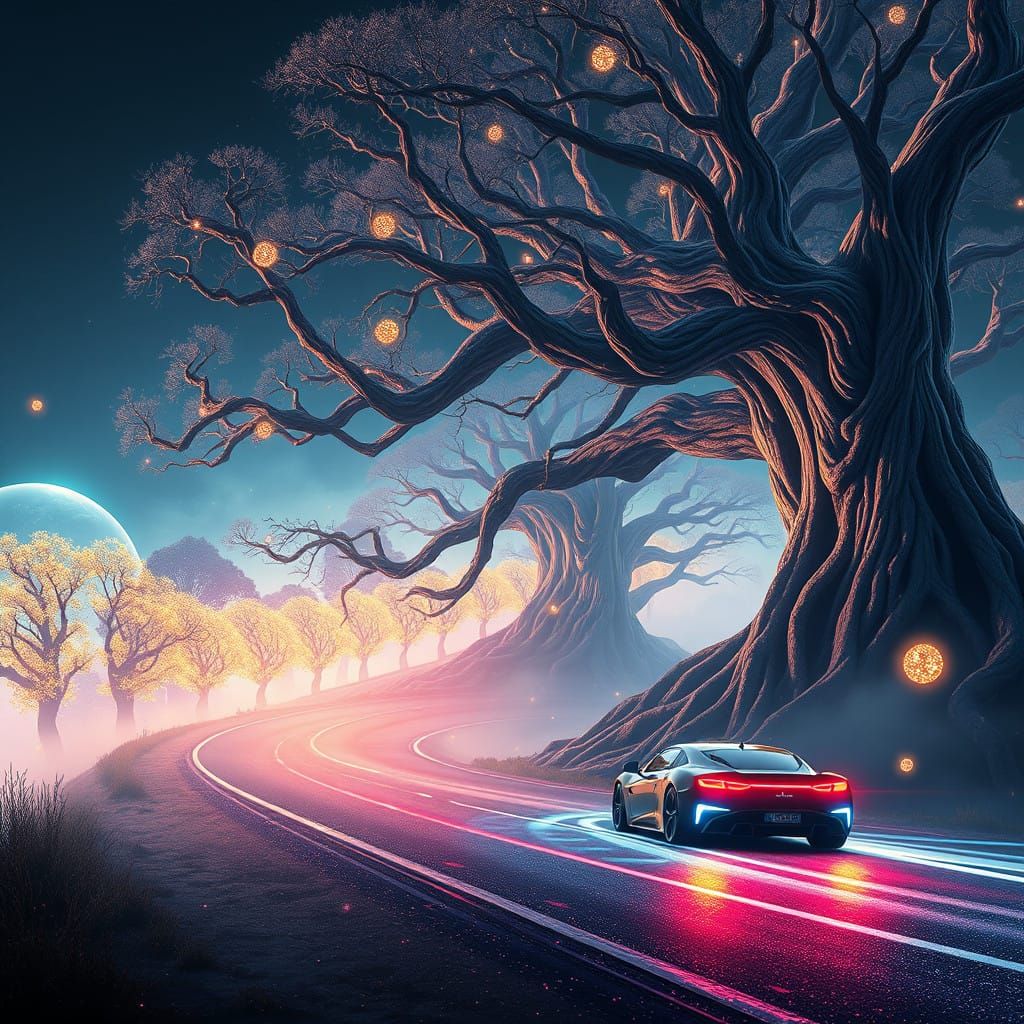 Surreal Road Unfolds into Fantastical, Illuminated Landscape