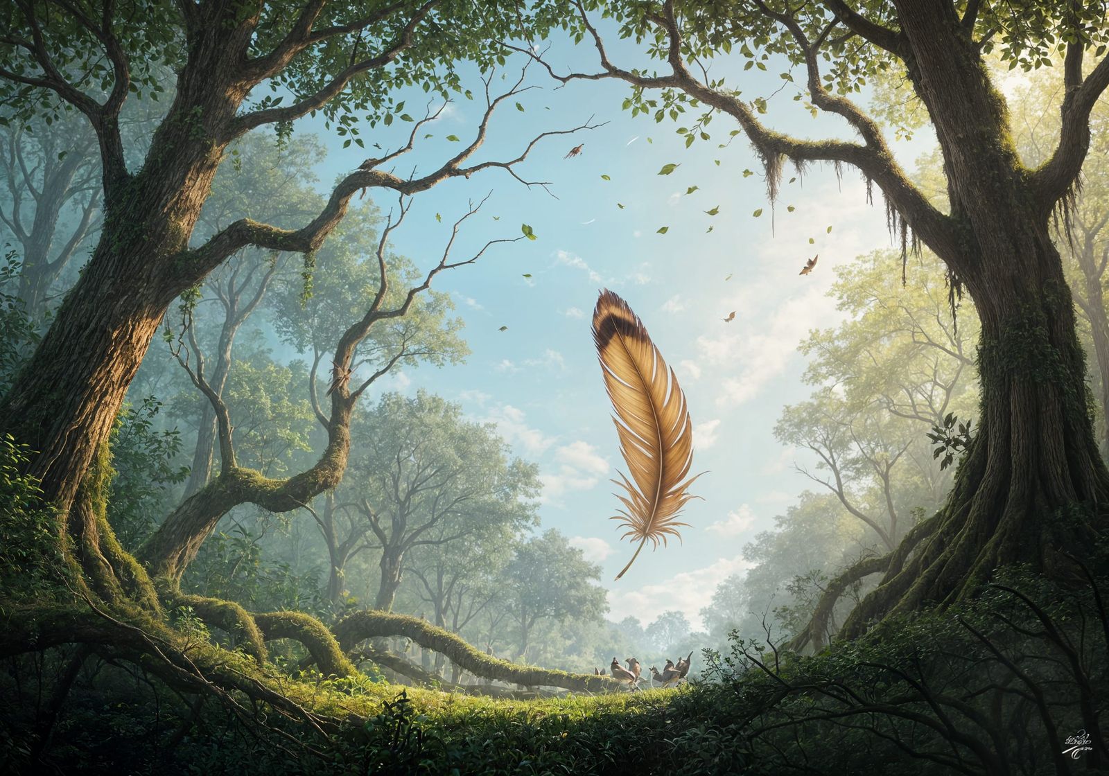 Robin's Feather Ascending in Mystical Forest