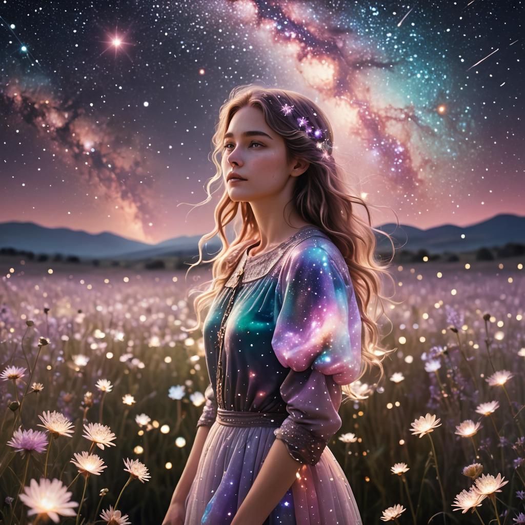 Dreamy Cosmic Illustration of Person in Starfield