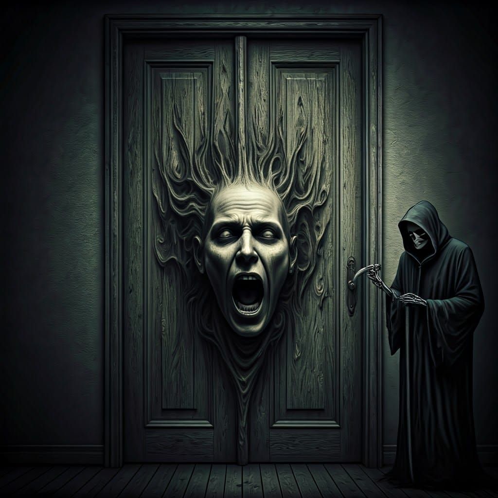 Grotesque Figure Merging with Door in Gothic Style