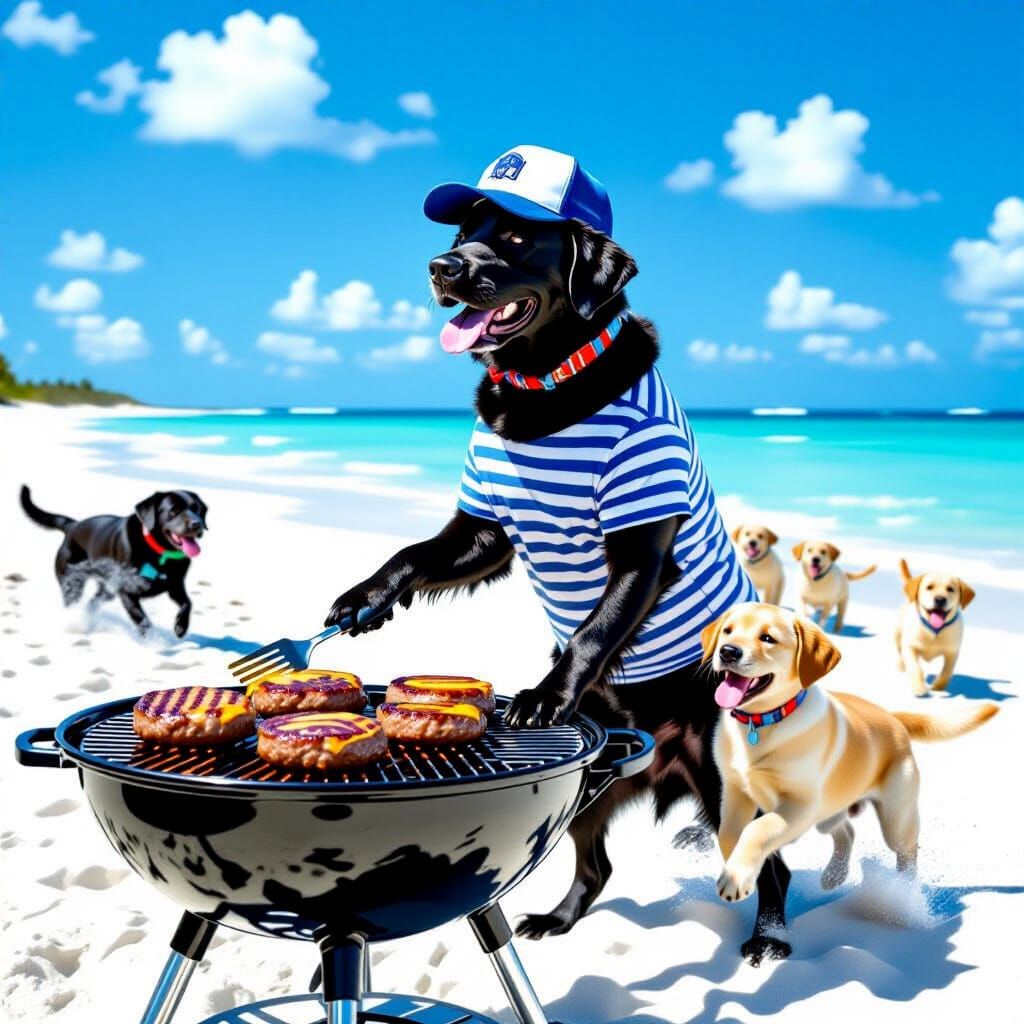 Labrador Grilling Hamburgers at the Beach in Photo Realism