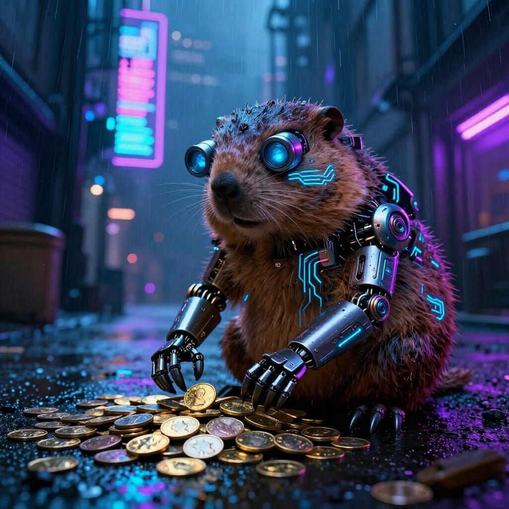 Cybernetic Groundhog Counts Coins in Neon Alleyway