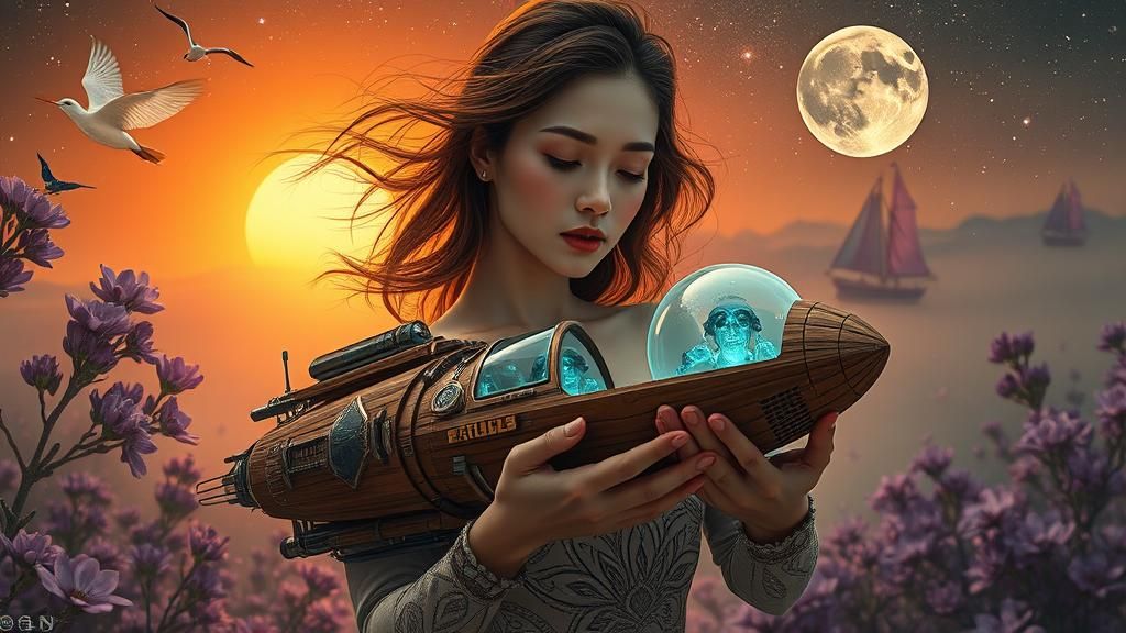 Surreal Woman in Spaceship Amidst Enchanted Galaxy