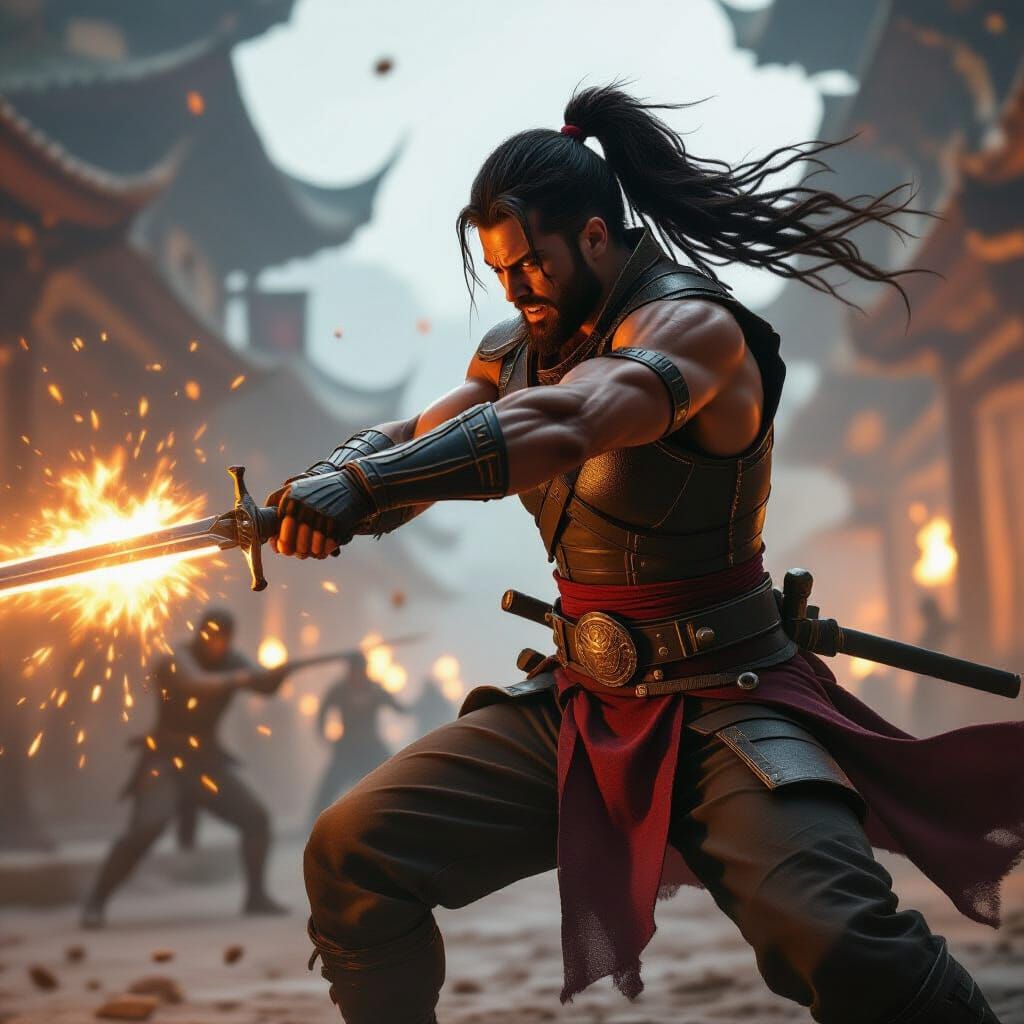 Dynamic Dual-Wielding Warrior in Intense Combat