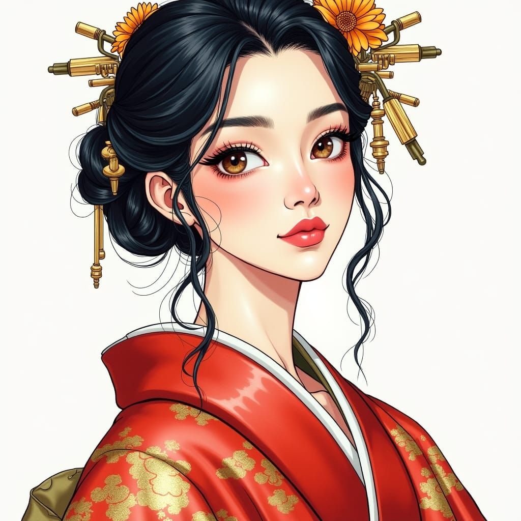 Manga-Style Woman in Kimono with Watercolor Accents