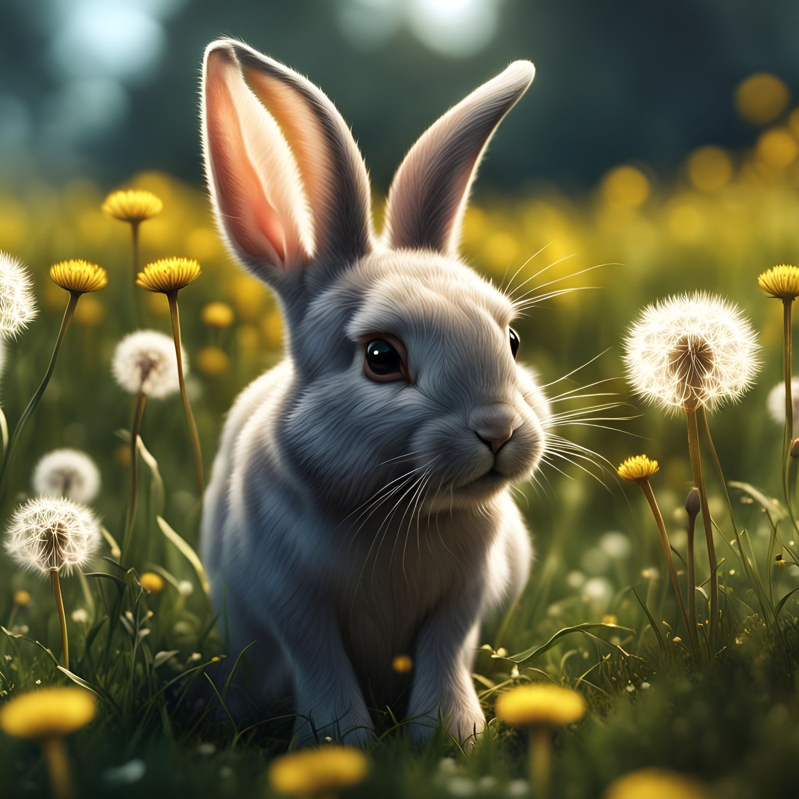 Portrait of a little rabbit eating dandelions in a meadow we...