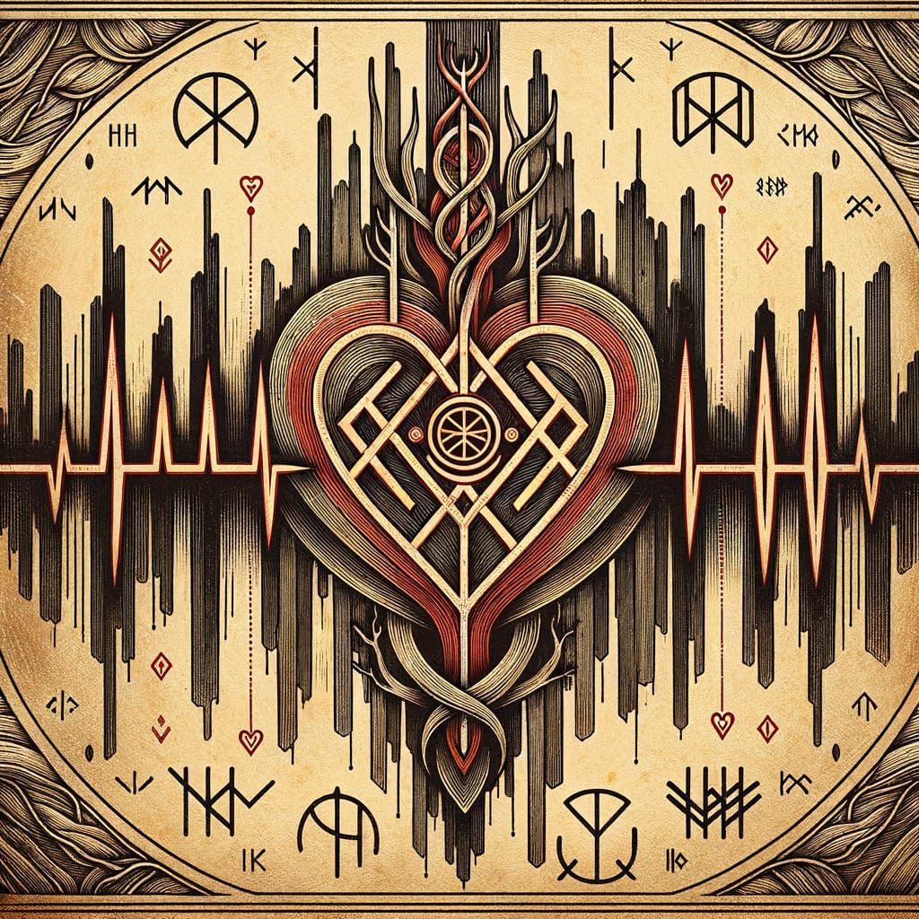 Engraved Illustration of Proto-Germanic Rune with Heart Puls...