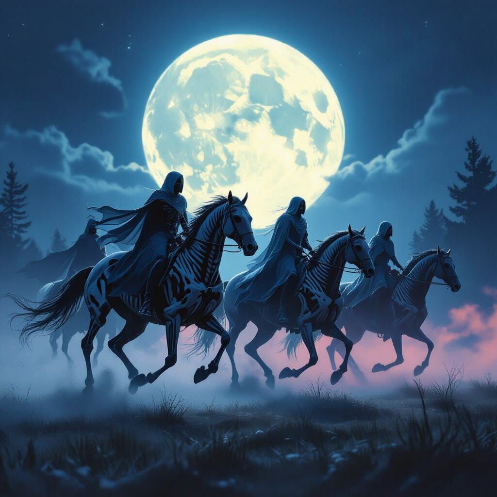 Ghostly Elves Ride Skeletal Horses on Foggy Night