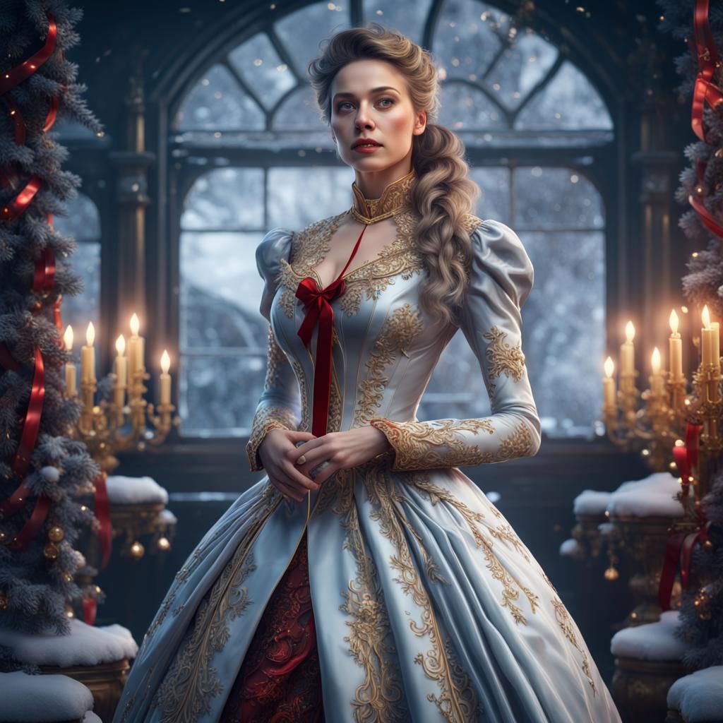 Victorian Christmas Gown: Hyperrealistic Woman in Red and Go...