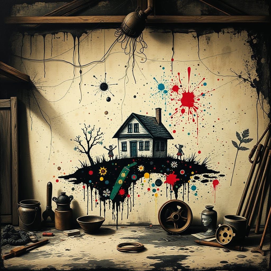 Ink Splatter House and Family in Surrealist Style