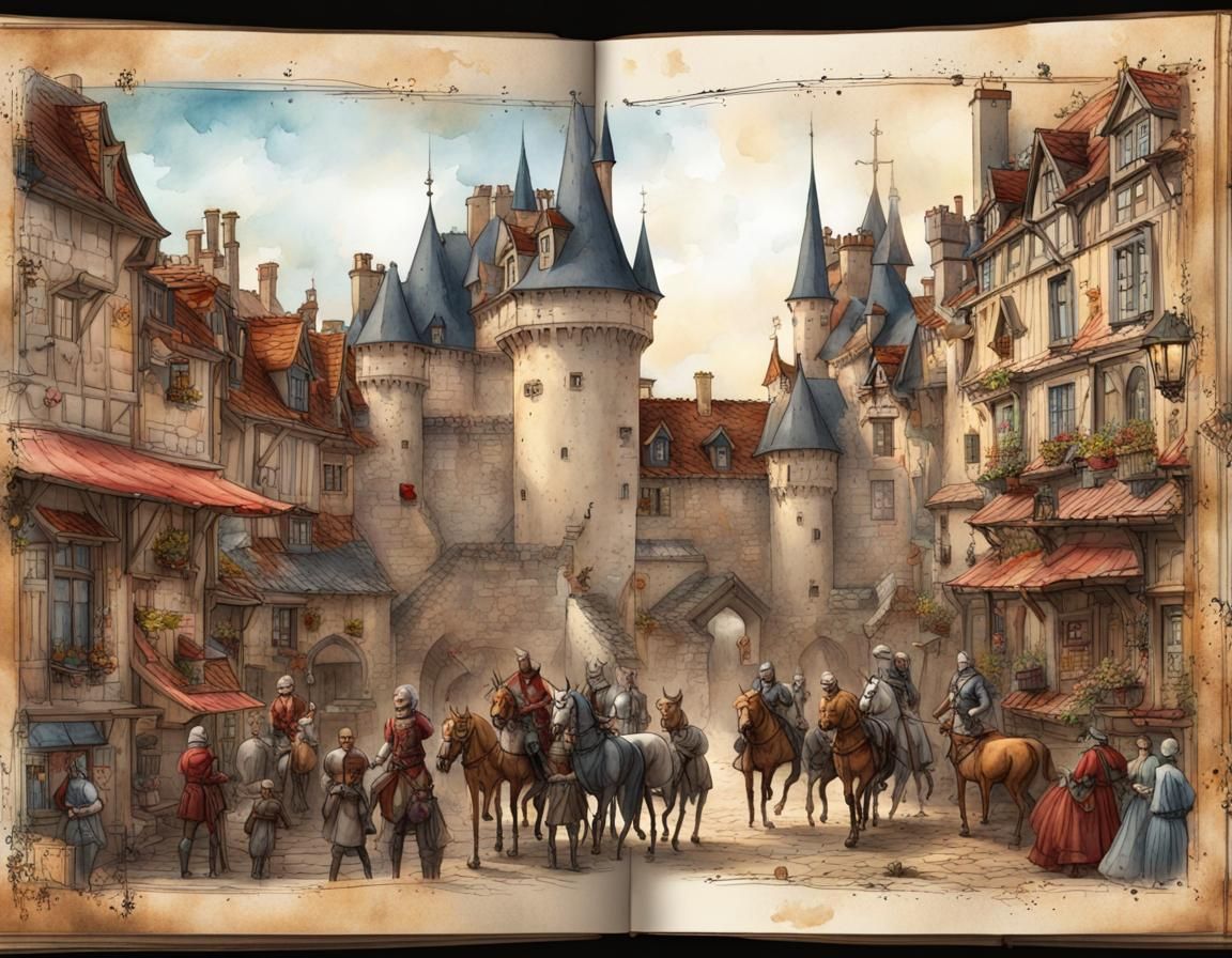 Medieval Market Watercolor Diorama with Lord on Horse