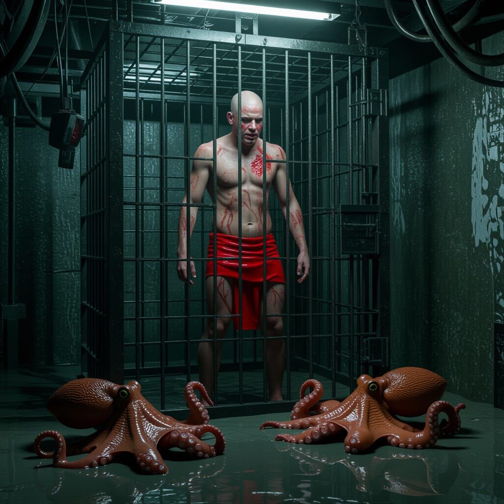 Human in Cage at Cyberpunk Octopod Slave Market