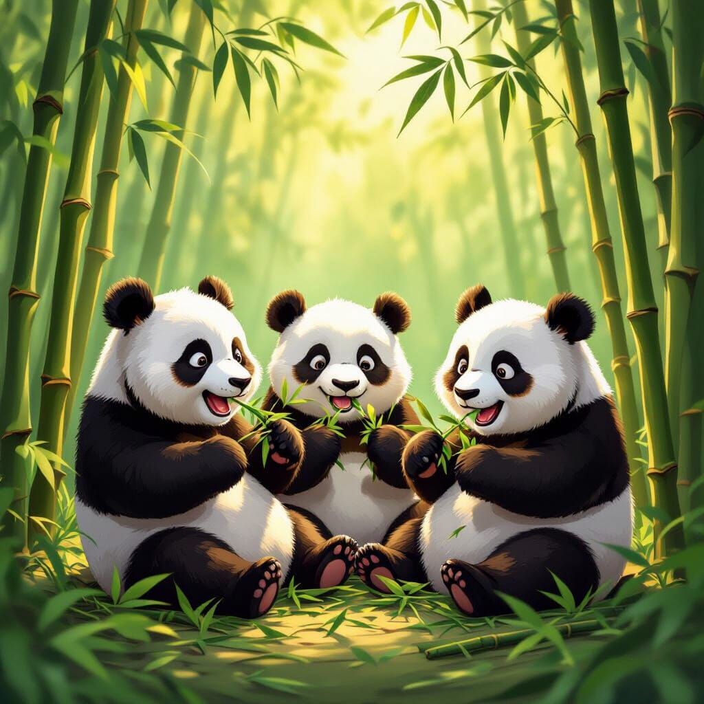 Four Pandas Eating Bamboo In Lush Forest Digital Painting