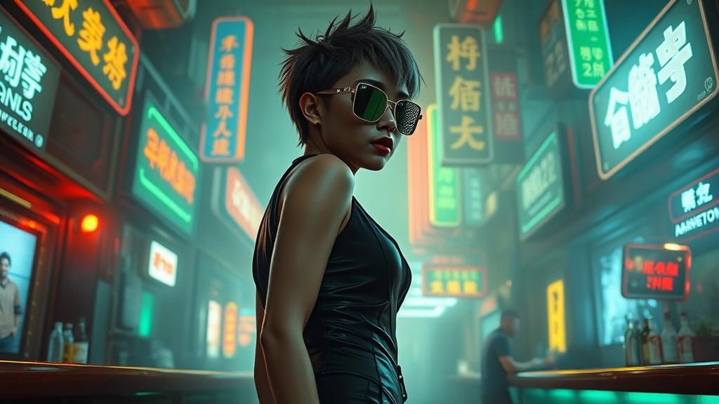 Cyberpunk Woman in Dystopian Chinatown Bar