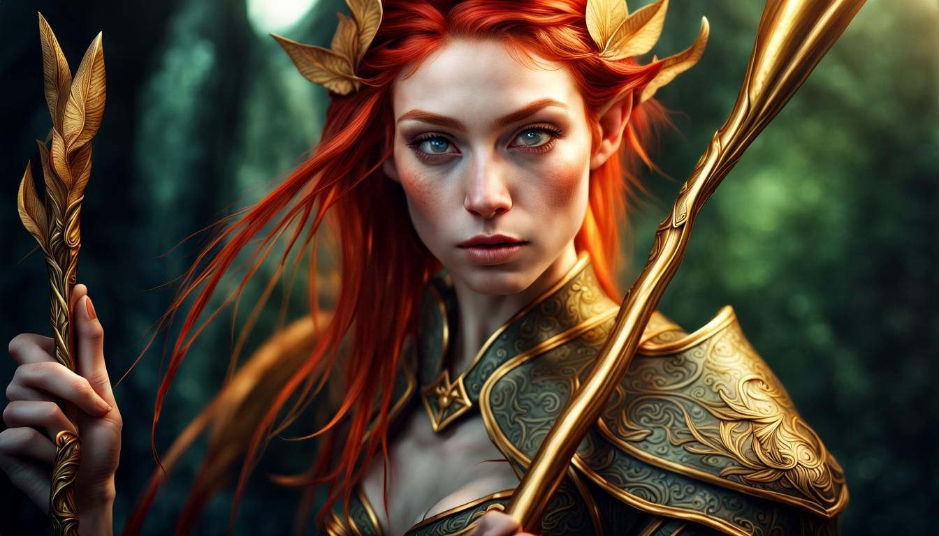 Hyperrealistic Elf with Staff in Fantasy Setting