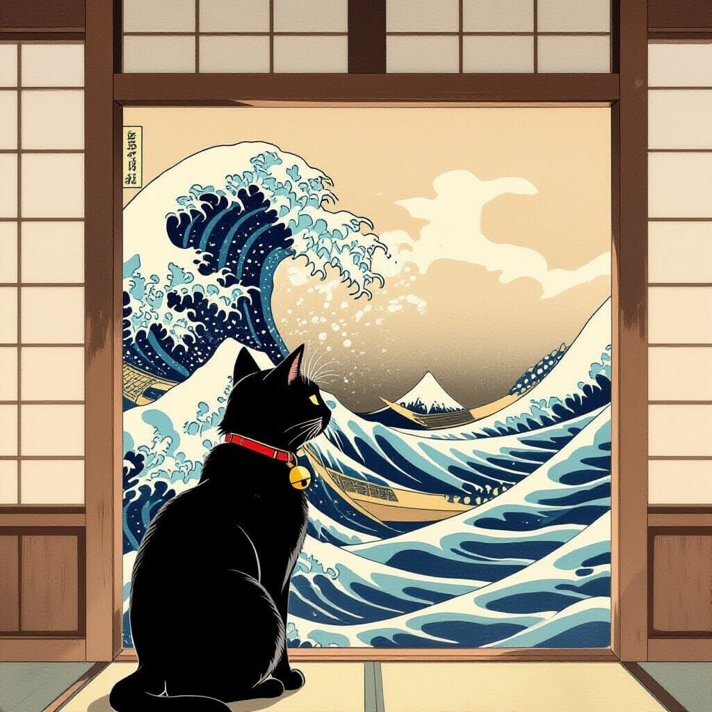 Black Cat Contemplates Stormy Sea: Ukiyo-e Style