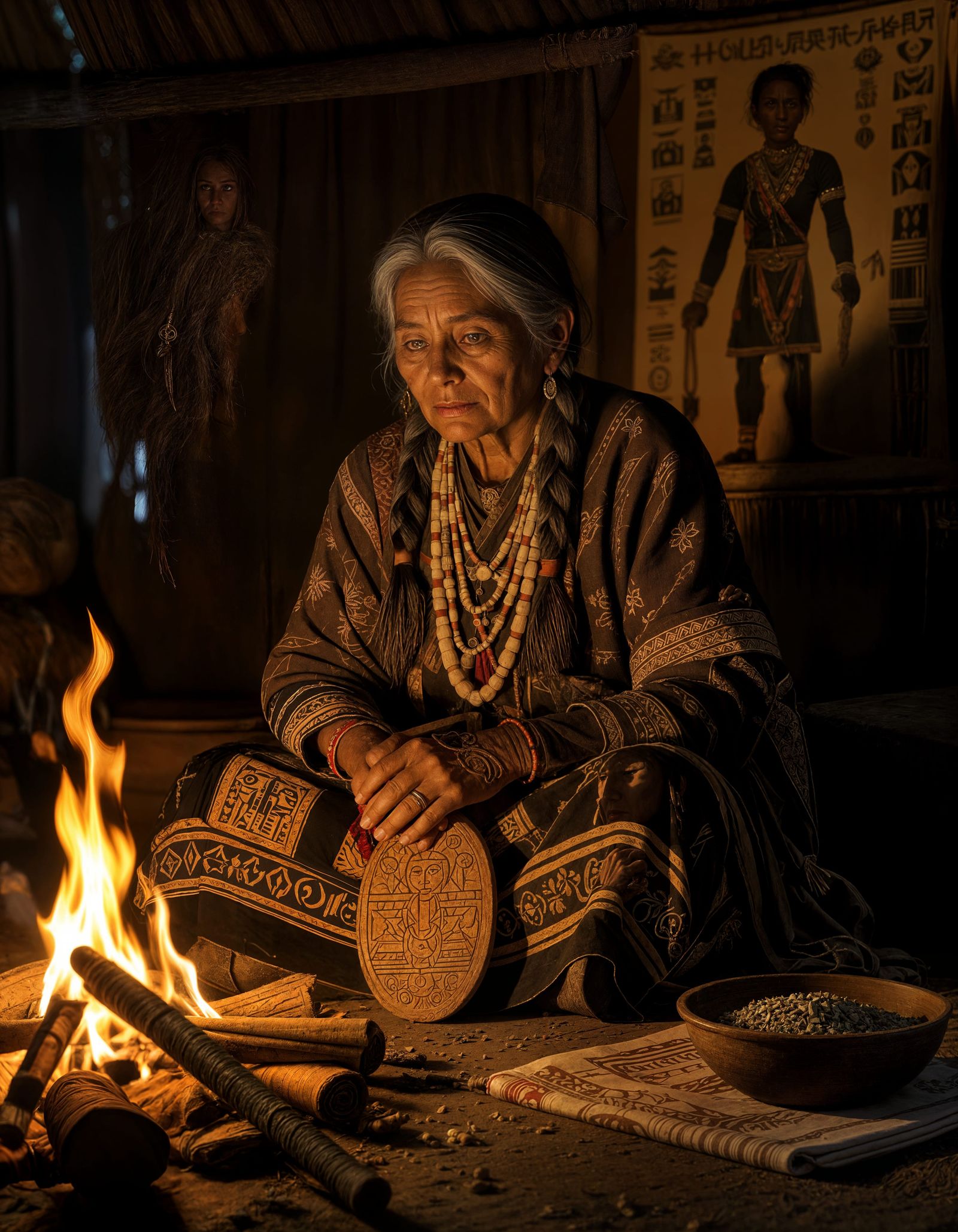 Elderly Tribal Woman by Firelight, Reflecting Grief and Stre...