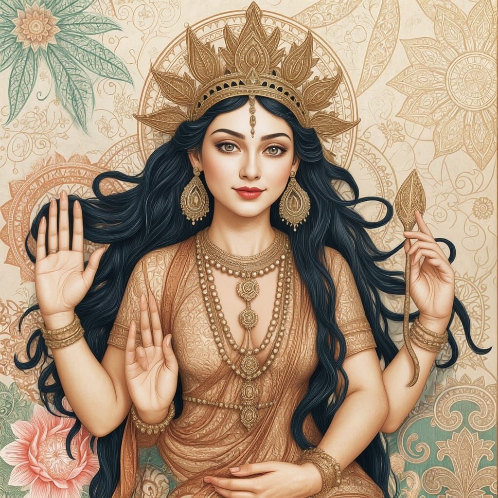 Maha Lakshmi in Intricate Fractal Patterns and Pastel Colors