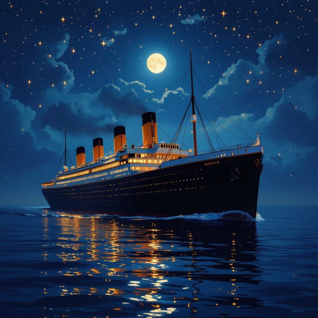 Titanic Sails Under Starry, Moonlit Sky