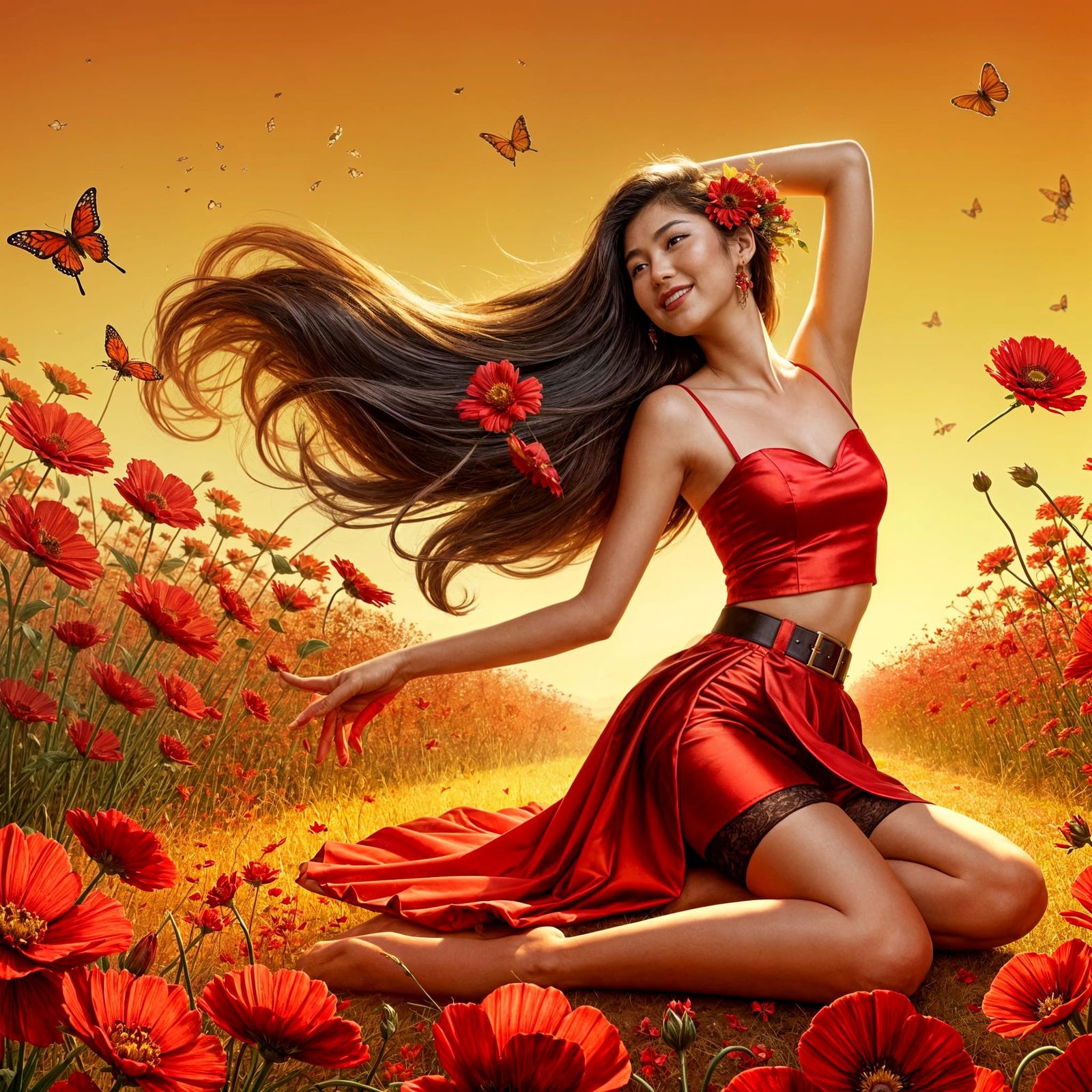 Asian Woman in Vibrant Red Amidst Red Flowers