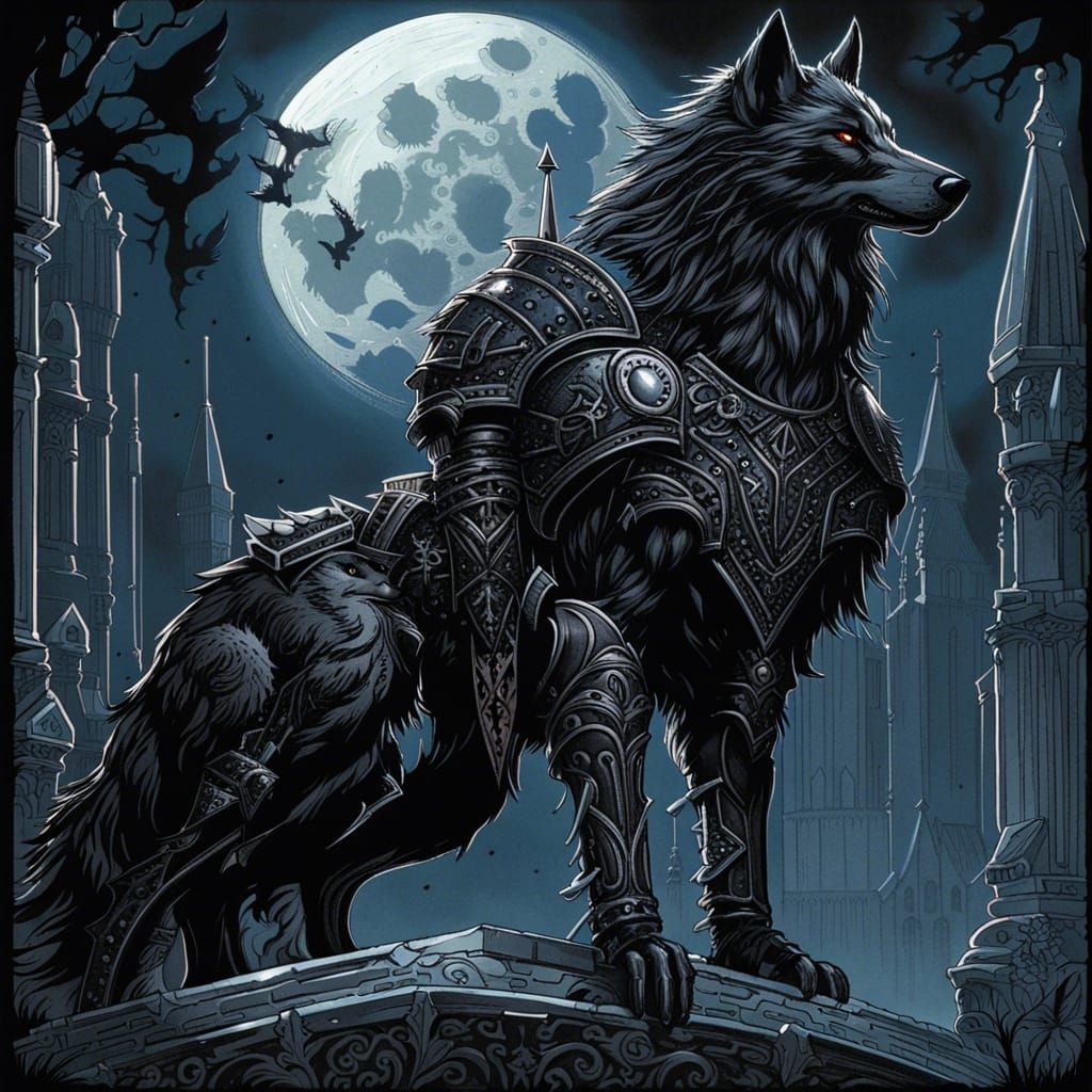 High Gothic Black Wolf Knight Under Moon