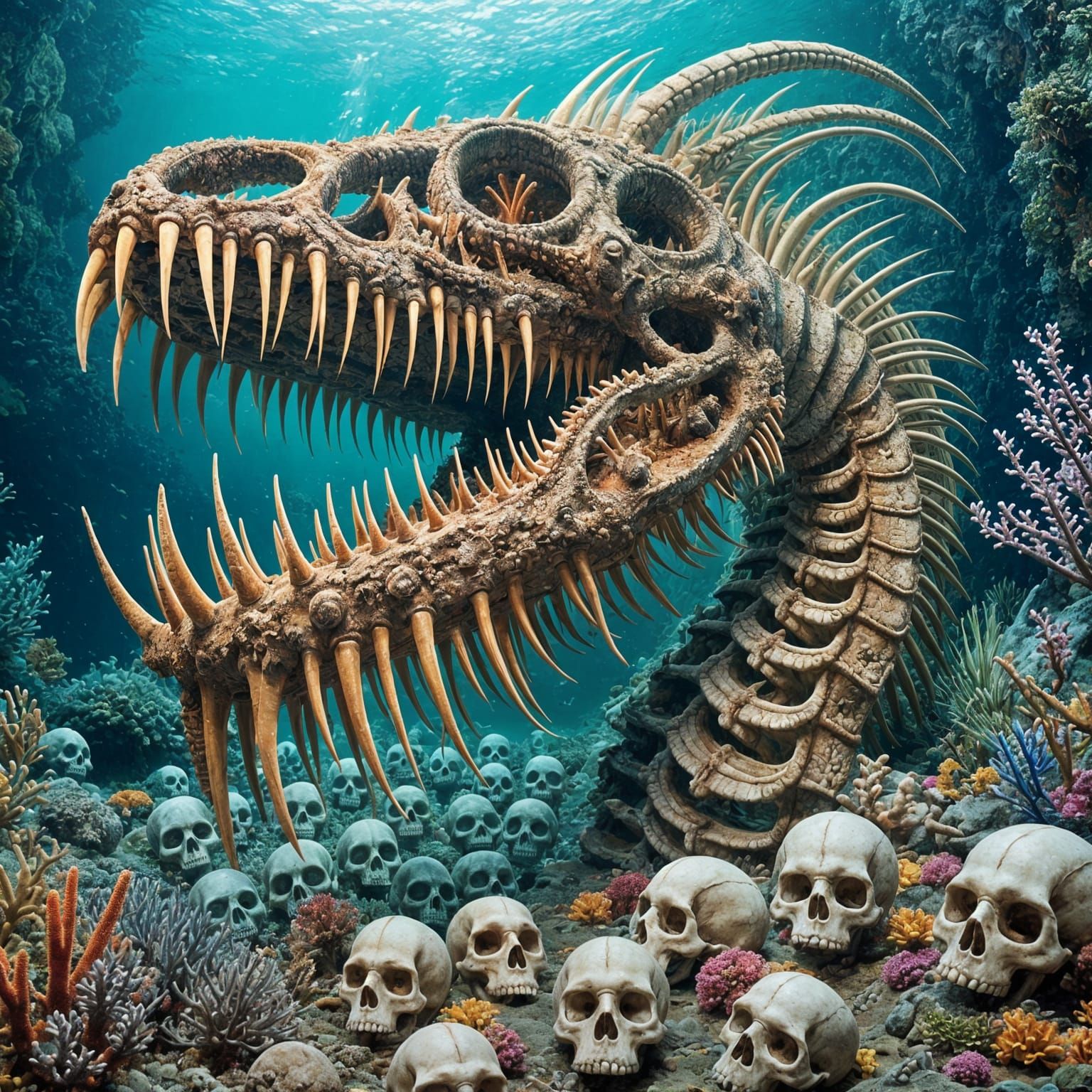 Giant Sea Serpent Skeleton in a Coral Throne of Skulls