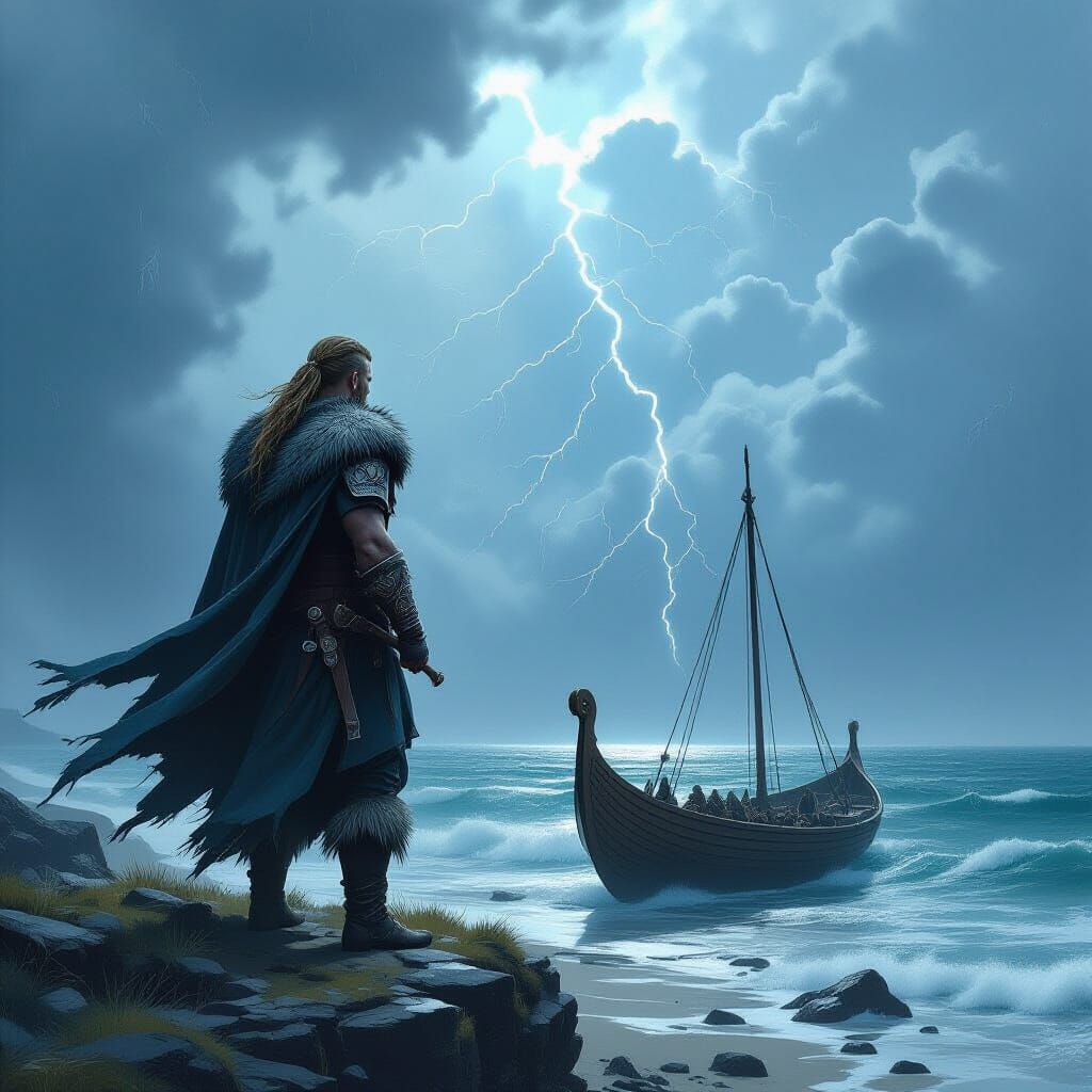 Viking Warrior on Windswept Cliff Overlooking Stormy Sea
