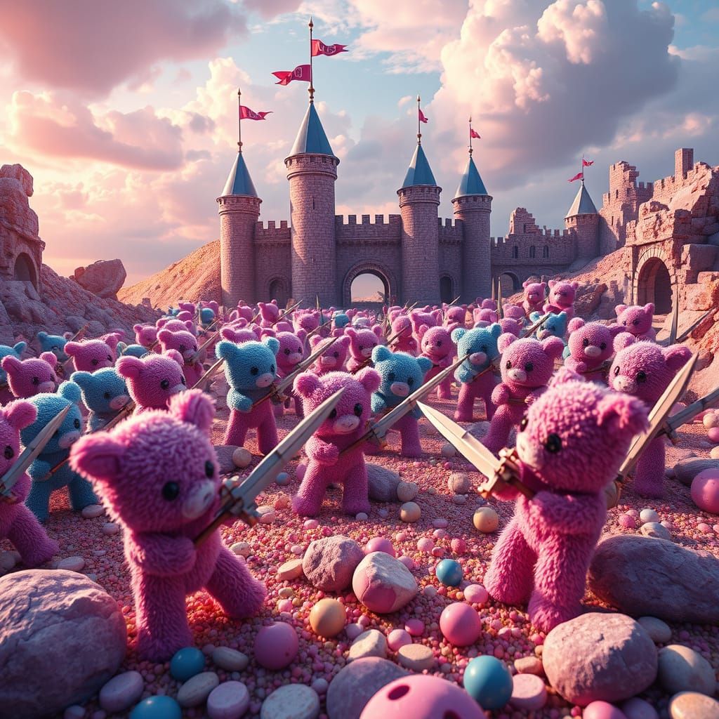 Ethereal Fantasy of Plushie Armies in Whimsical Ruins