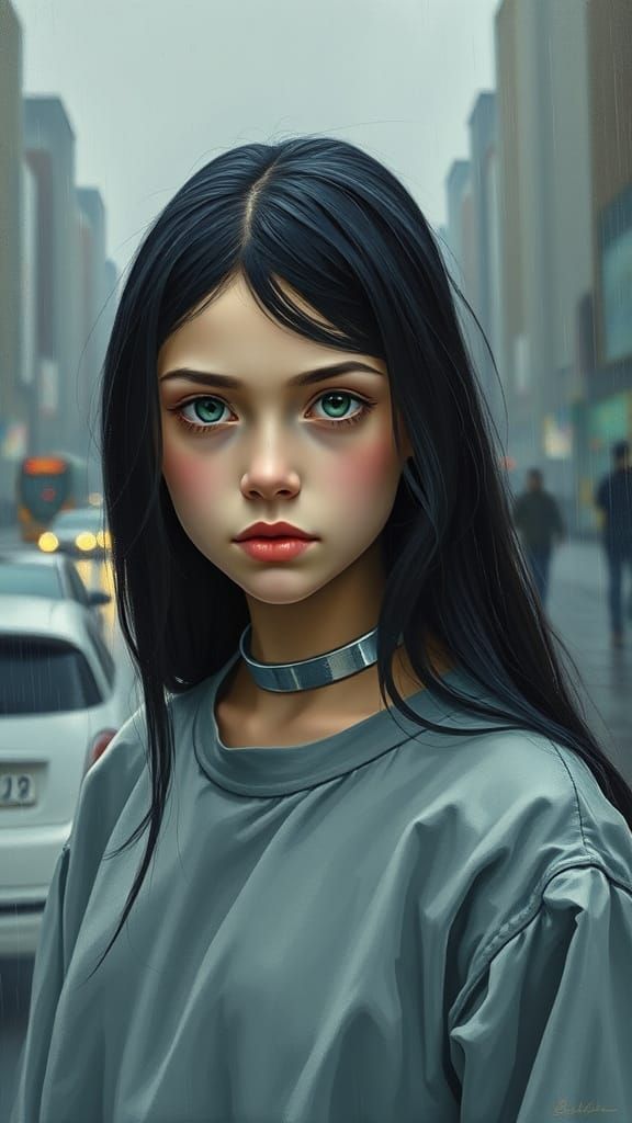 Pale Girl in Rainy Cityscape: Photorealistic Art