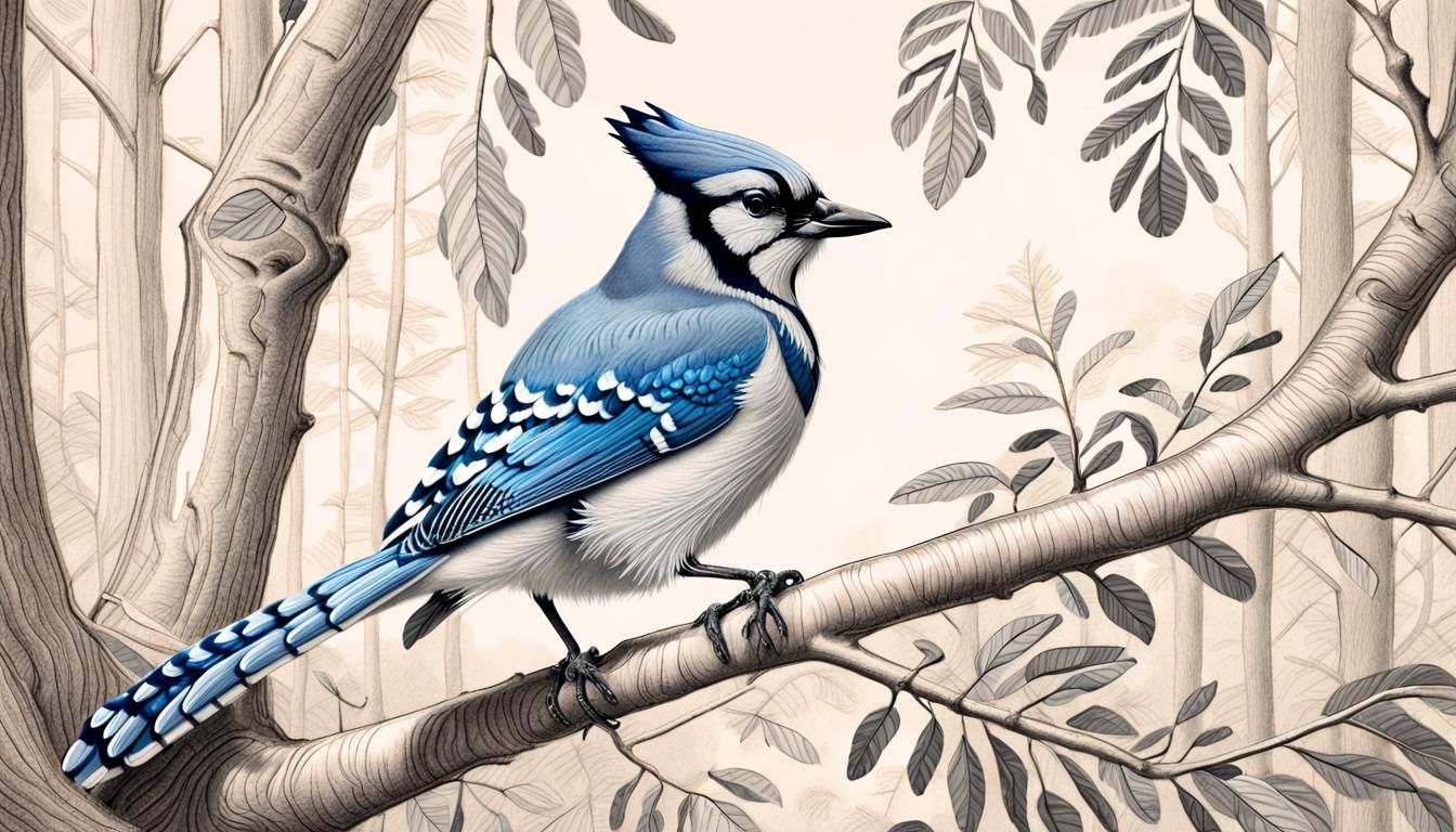 Blue Jay Pencil Sketch in Audubon Style