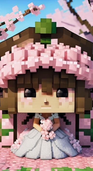Minecraft Cartoon Bride in Cherry Blossom Wonderland