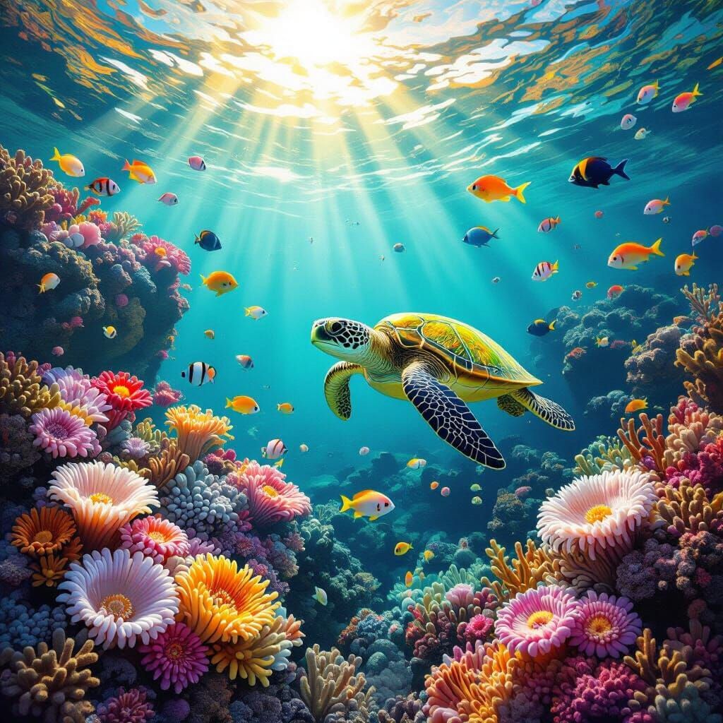 Vibrant Coral Reef with Sea Turtle, Hyperrealistic Digital P...