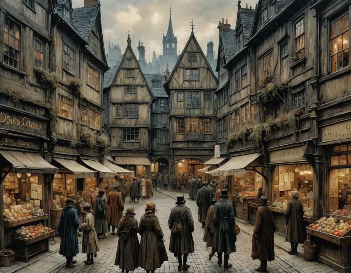 Whimsical Nighttime Market Scene in Deep Colors