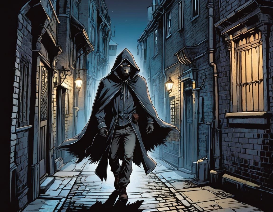 Hooded Victorian Werewolf in Shadowy Alley