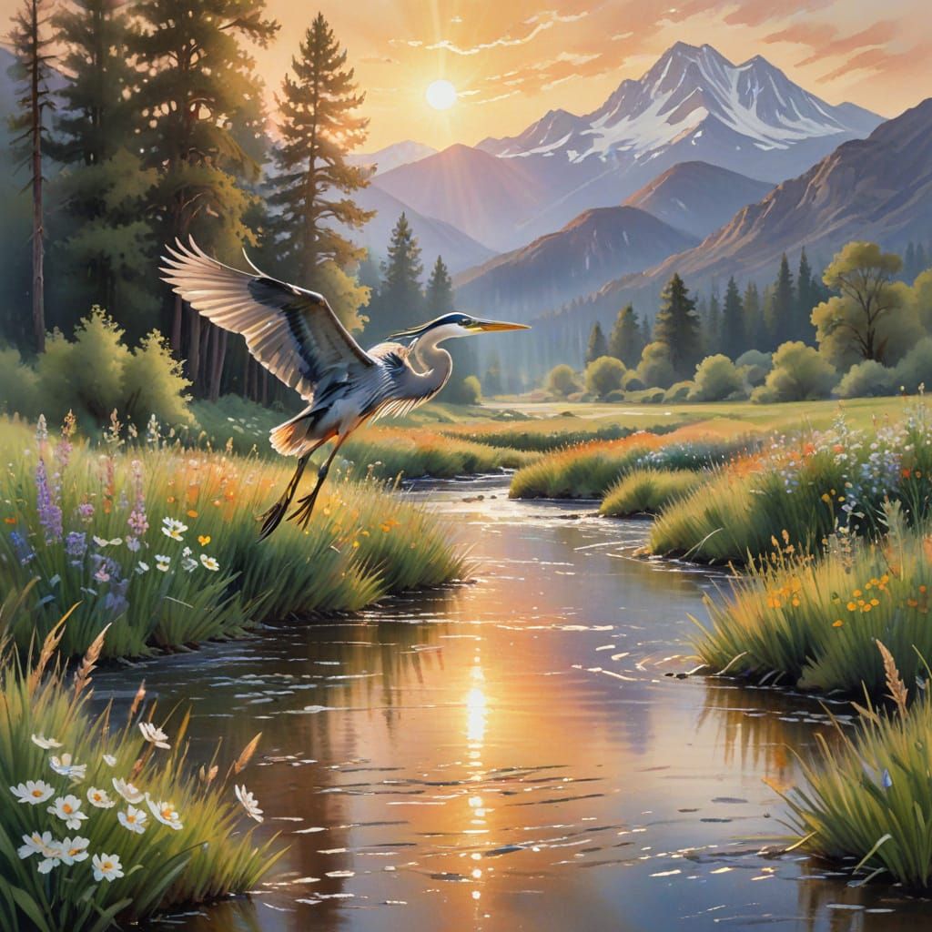 Heron Flying Over Meadow at Golden Hour In Watercolor Style