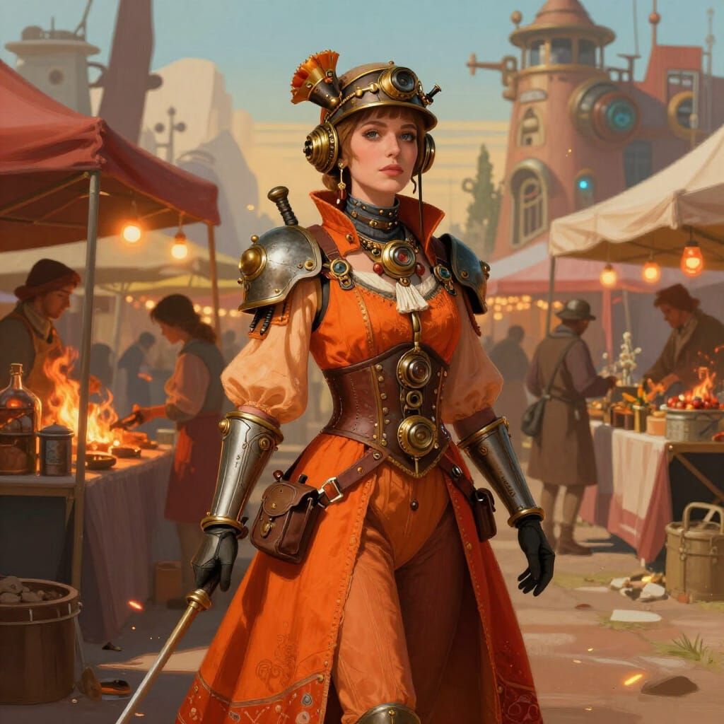 Steampunk Woman in Retro-Futuristic Market