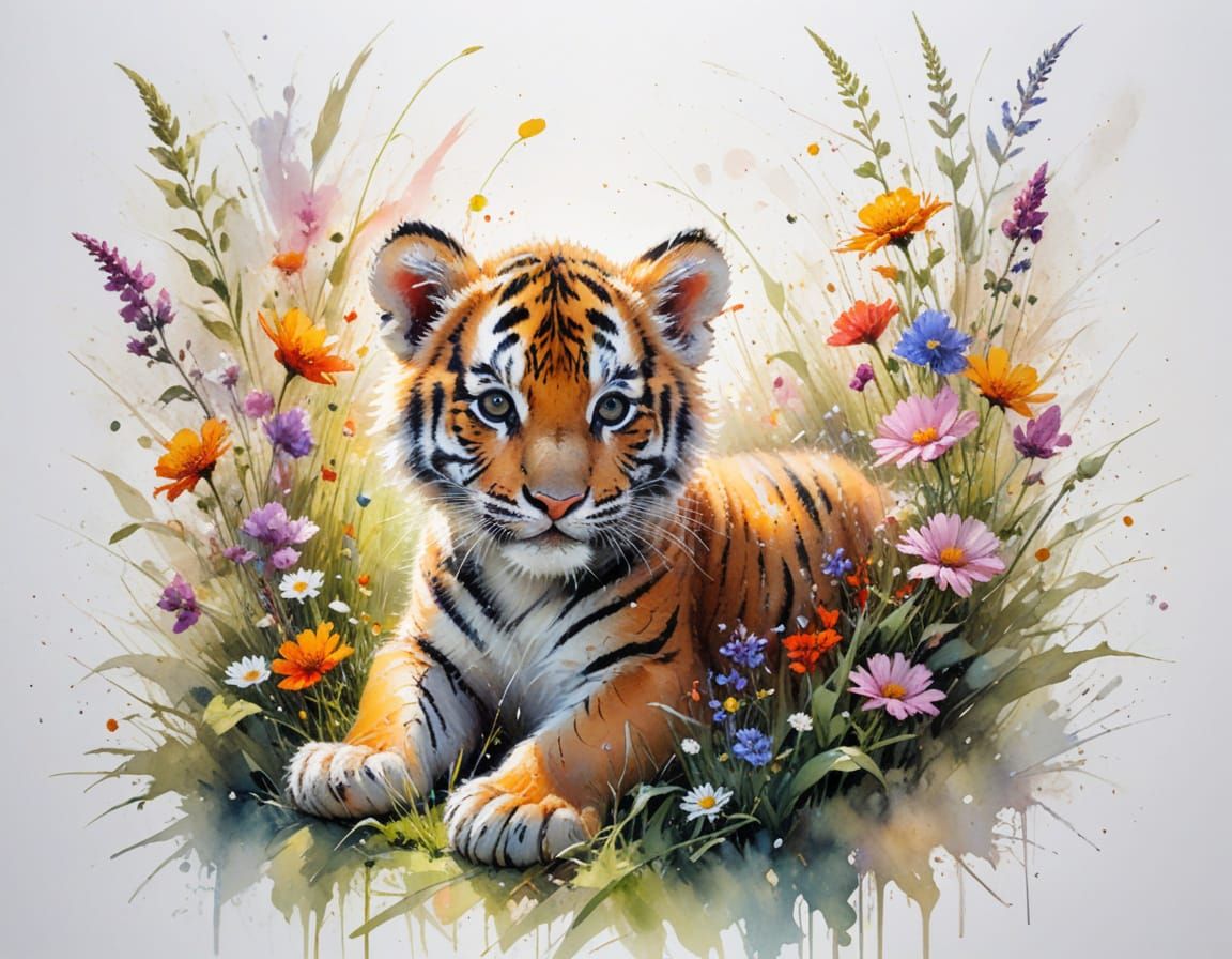 Playful Tiger Cub in Sunlit Wildflower Meadow