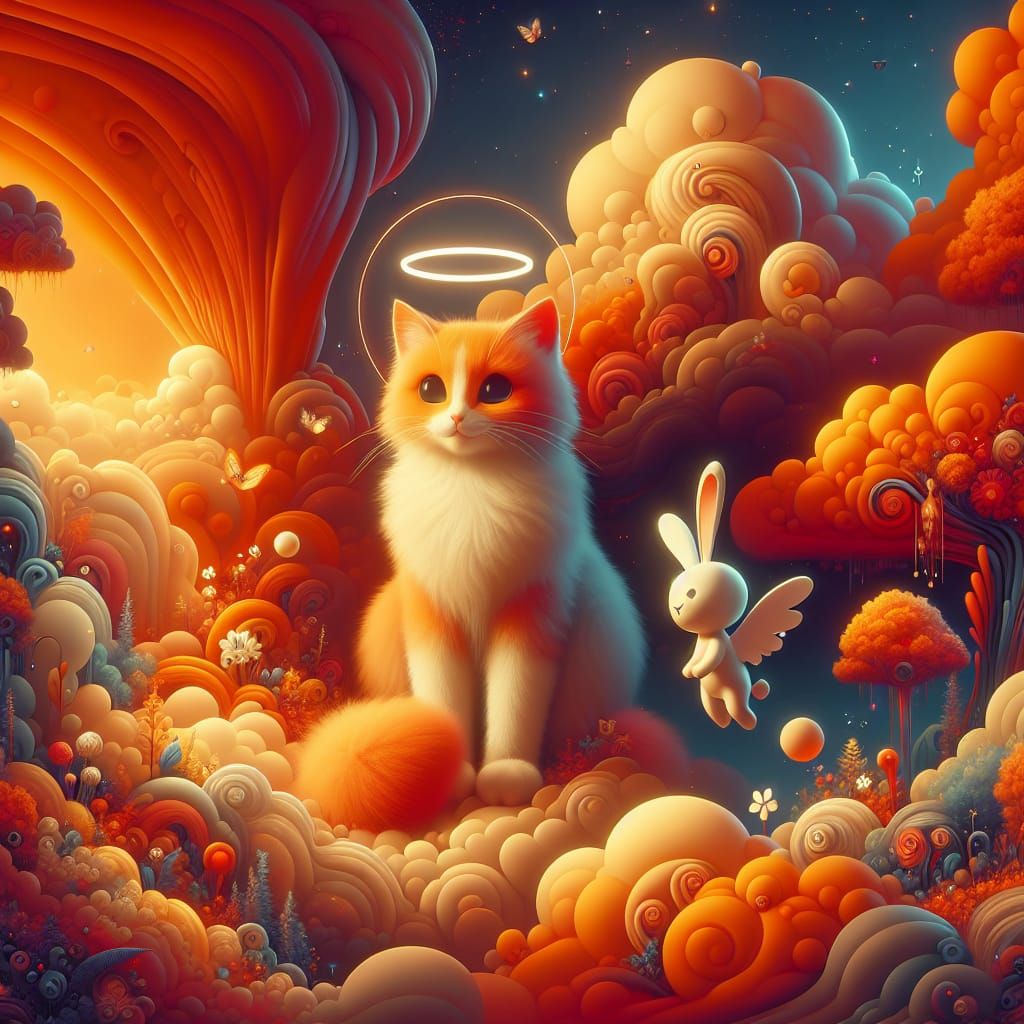 Cartoon Cat and Rabbit in Cloud with Halos