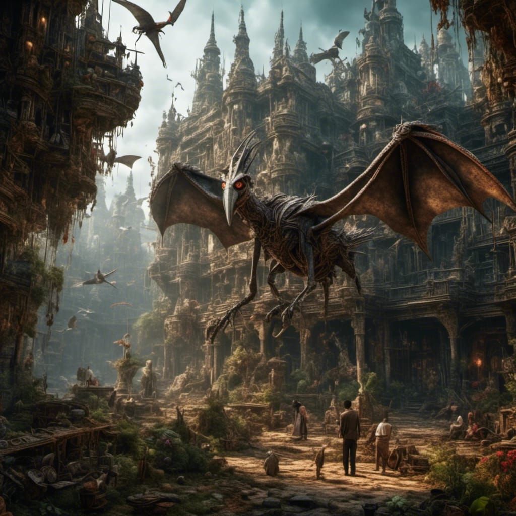 Pterodactyl Captures Caveman in Dark Fantasy Style