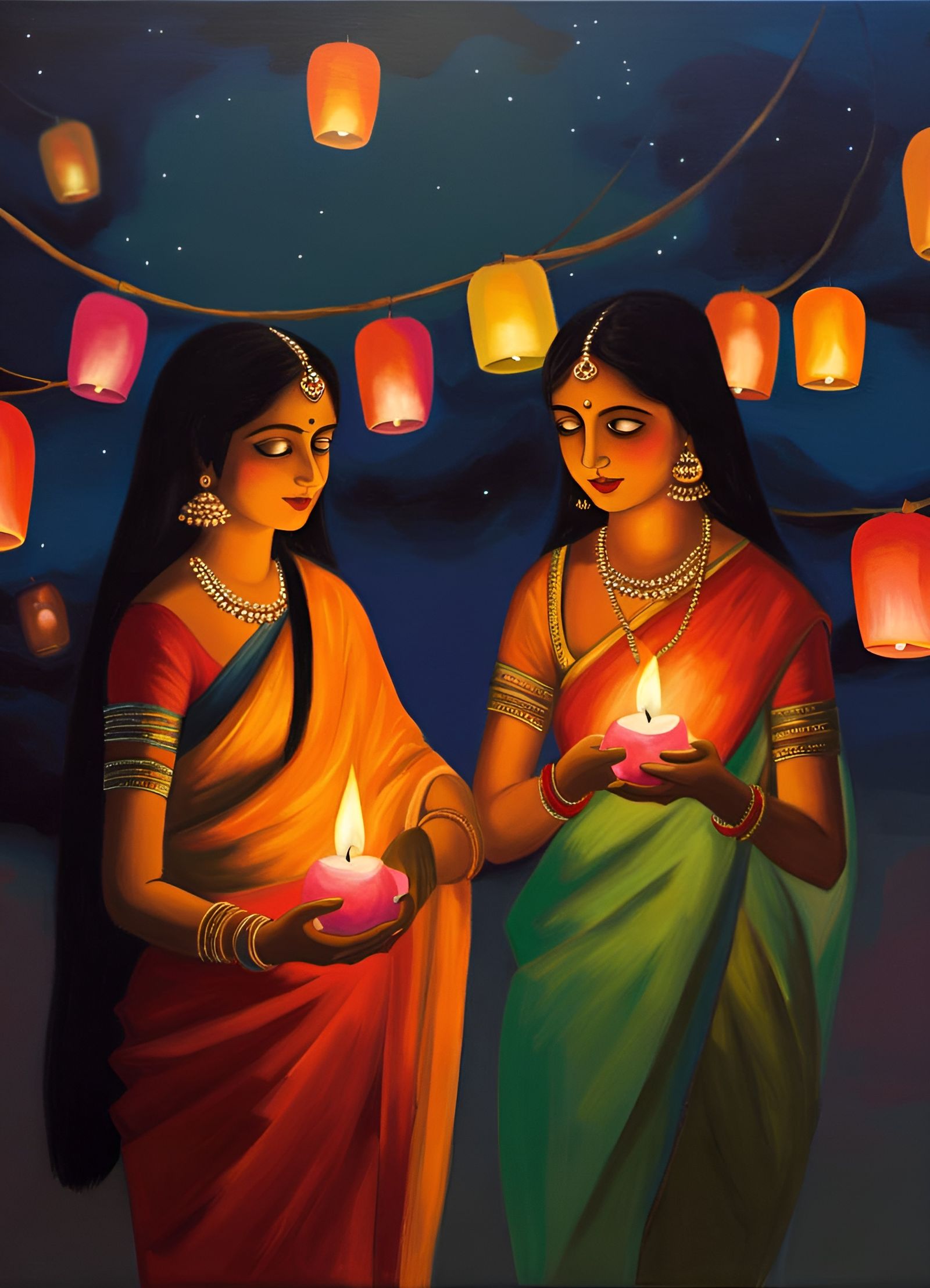 Diwali Wish Candles Ascend in Colorful Lanterns