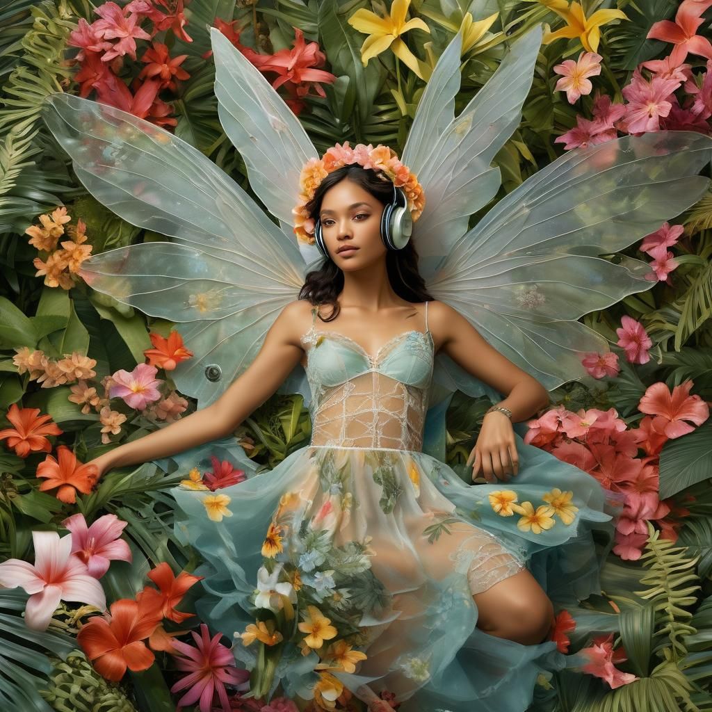 Fairy Lounging in Tropical Flower, Lace Wings