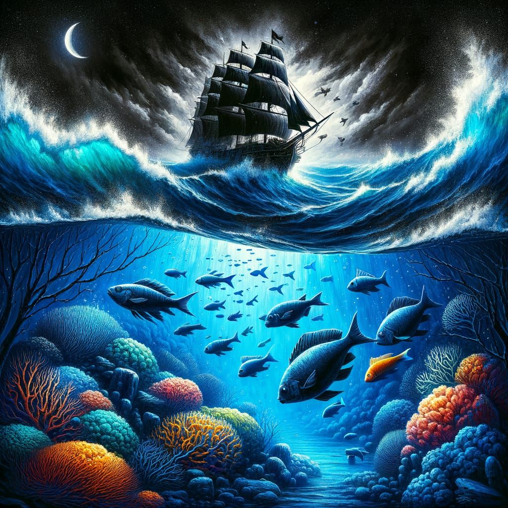 Pirate Ship Above Vibrant Underwater World Under Moon